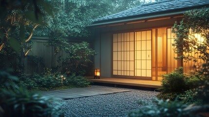 A modest Japanese detached house with a flat roof, clean wooden walls, and sliding doors leading to a small patio, surrounded by raked gravel and ornamental plants 