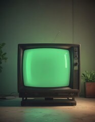 Glowing CRT screen, heavy static  Vintage TV's green tint ,  tube, vintage tv,  obsolete