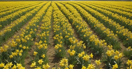Expansive field of daffodils, sunny day, cheerful yellow carpet , nature, botany