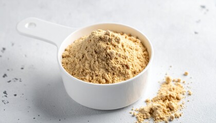 A close up view of a measuring cup filled with nutritious mustard powder healthy food ingredient