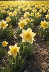 Glistening daffodil petals, sunny field, full bloom ,  garden,  landscape