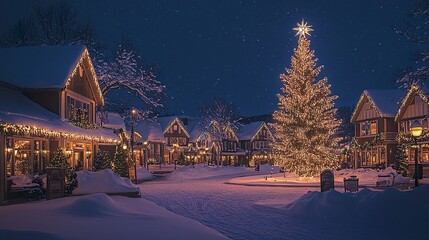 A picturesque Christmas night village scene with snow-covered houses, a towering Christmas tree sparkling with lights, and a peaceful starry sky, evoking the warmth of the holiday season 