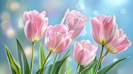 Naklejka premium Beautiful pink tulips spring flowers blossom nature image soft bloom plant macro fresh light green
