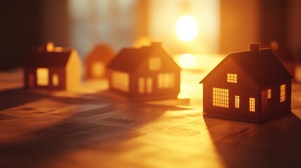 A realistic depiction of miniature house models placed on financial reports and housing market graphs, symbolizing the critical role of data in real estate decisions 