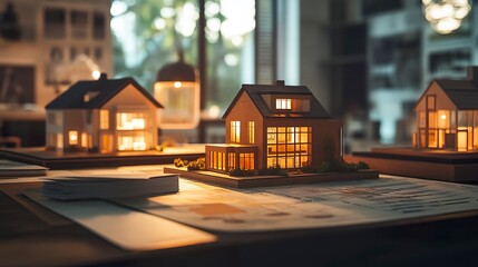 A realistic depiction of miniature house models placed on financial reports and housing market graphs, symbolizing the critical role of data in real estate decisions 