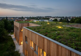 Fototapeta premium Eco-friendly architecture: green rooftop building or wooden sustainable design (horizontal). 