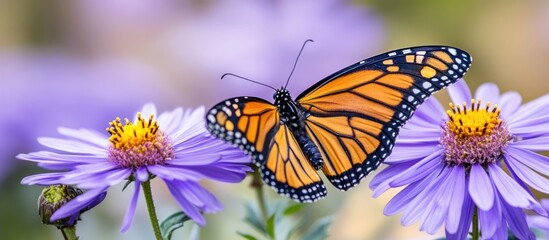 Monarch butterfly gracefully resting on vivid purple daisy flowers