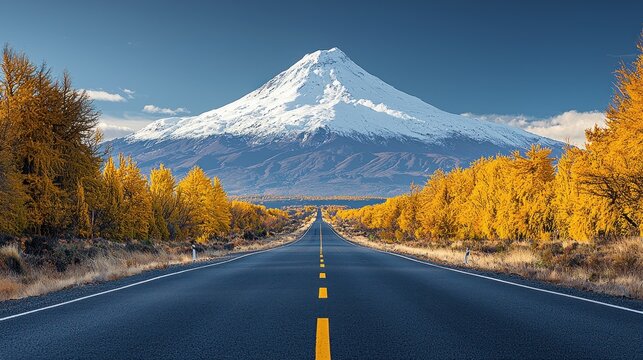 Scenic road leading to a snow-capped mountain peak amidst vibrant autumn foliage
