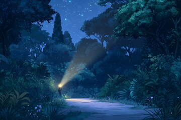 Obraz premium Flashlight beam illuminates forest path at night