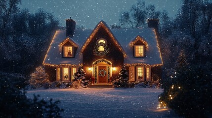A snowy house with twinkling Christmas lights outlining its roof and windows, a glowing wreath on the door, and gentle snowfall adding to the festive magic 