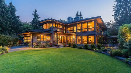 Fototapeta premium A spacious luxury home with modern exterior lighting highlighting its sleek lines, surrounded by a vibrant green lawn and soft twilight hues, embodying elegance and exclusivity 