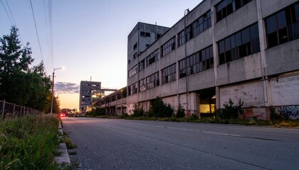 Fototapeta premium Abandoned Industrial Building at Dusk with Overgrown Pathway