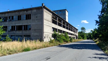 Fototapeta premium Abandoned Industrial Building with Overgrown Vegetation and Clear Sky