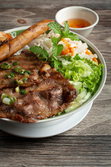 A view of a bowl of bun thit nuong.
