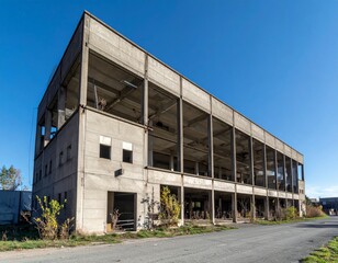 Obraz premium Abandoned Industrial Building with Clear Blue Sky and Overgrown Plants