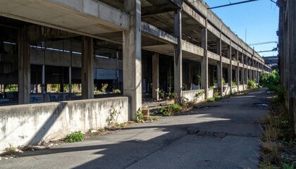 Abandoned Industrial Building with Overgrown Plants and Sunlight