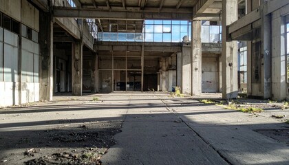 Obraz premium Abandoned Industrial Building Interior with Natural Light and Shadows