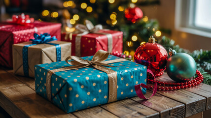 A close-up photograph of wrapped Christmas presents on a wooden table surface