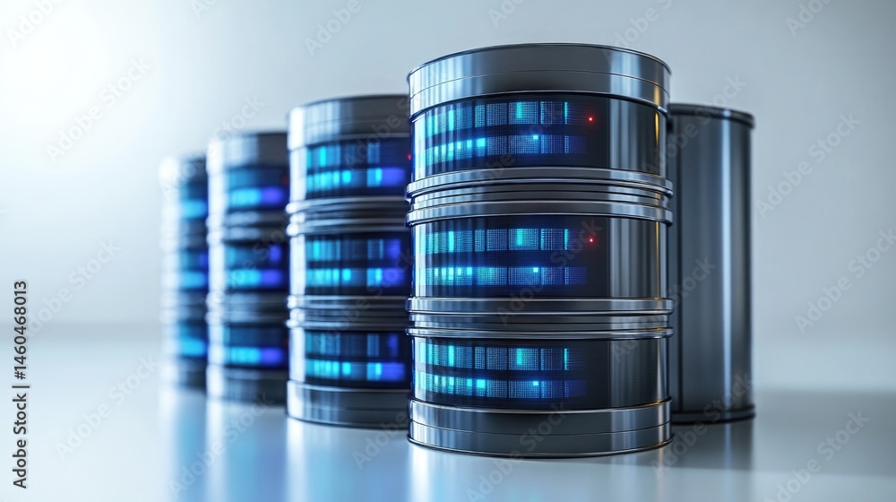 Aufkleber row of database server units with glowing blue lights, on a reflective light grey background. use fo