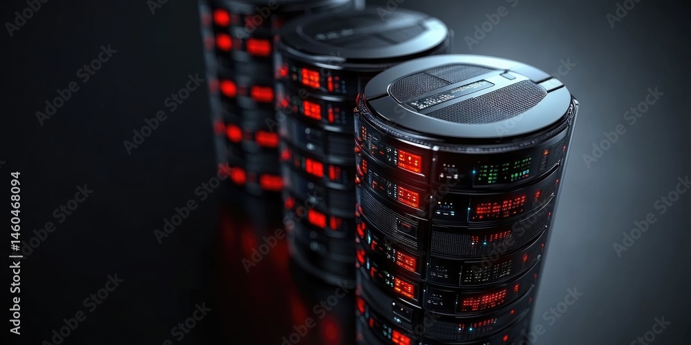 Aufkleber row of cylindrical database server units with glowing red lights, on a dark, reflective background. 