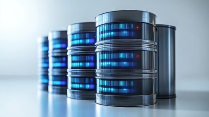 Row of database server units with glowing blue lights, on a reflective light grey background. Use for data storage, IT, or web hosting sites/blogs.