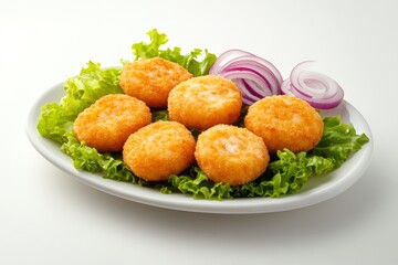 Crispy, round patties on a bed of lettuce, with sliced onions