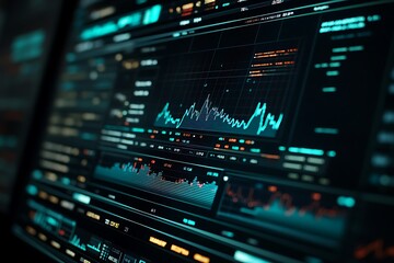 Digital interface shows complex data visualizations and graphical analyses on a dark blue computer screen