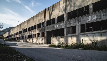 Obraz premium Abandoned Industrial Building with Weathered Exterior and Windows
