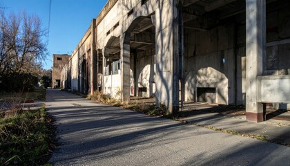 Fototapeta premium Abandoned Industrial Building with Shadow Play and Concrete Surfaces