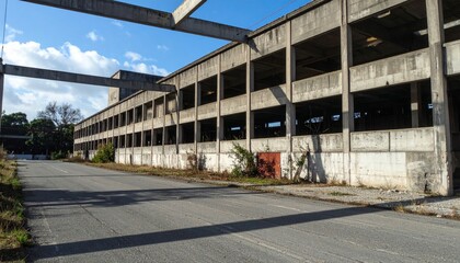 Obraz premium Abandoned Industrial Building with Concrete Walls and Blue Sky