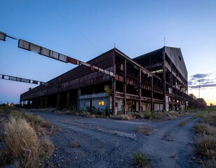 Fototapeta premium Abandoned Warehouse at Dusk with Rusty Structures and Dim Light