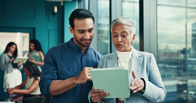 Business people, tablet and investment with corporate finance and cooperation for profit growth. Employees, teamwork and accounting in office, tech and app for stock market, feedback and website info