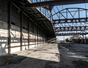 Abandoned Industrial Warehouse Interior with Natural Light and Shadows