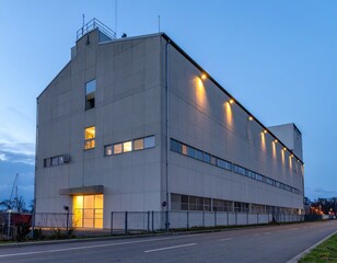 Fototapeta premium Modern Urban Industrial Building with Illuminated Facade at Dusk