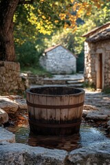 Wooden water bucket by the ancient well under the sunshine