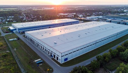 Fototapeta premium Aerial View of Modern Industrial Warehouse Complex at Sunset