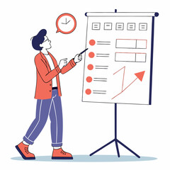 Man Presenting Business Strategy On Whiteboard With Clock Bubble Outline Illustration