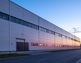 Modern Industrial Building Facade at Sunset with Reflections
