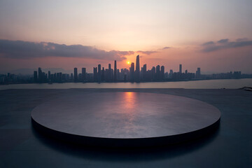 Naklejka premium Futuristic city skyline at sunset with empty square floor, modern urban architecture, glowing skyscrapers, sci-fi metropolis, dusk cityscape, reflective surface