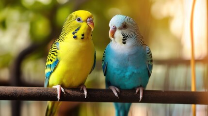 Two budgerigars perching side-by-side on a branch, facing each other with interest