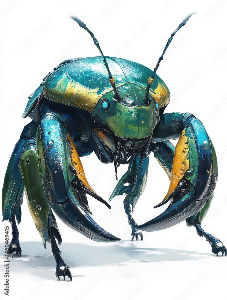Aufkleber futuristic robotic insect with metallic features and vibrant colors, showcasing advanced technology 