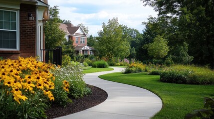 Obraz premium Winding pathway through a neighborhood with vibrant flower beds. Homes and lush landscaping create a peaceful and welcoming scene