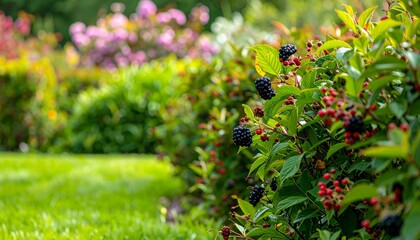 Lush Greenberry Bushes with Colorful Blossoms in Beautiful Garden