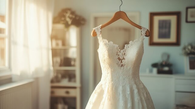 Elegant white wedding dress with lace details hanging on a wooden hanger in a cozy well-lit vintage styled room with framed pictures and decorative accents