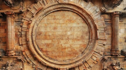 Ornate ancient stone archway with detailed carvings and decorative columns featu weathered textures and historic architectural elements in warm earthy tones