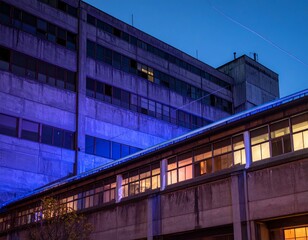 Obraz premium Urban Building Facade at Dusk with Blue and Purple Lighting Effects