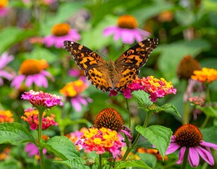 Obraz premium Colorful Butterfly on Vibrant Flowers in a Garden Setting