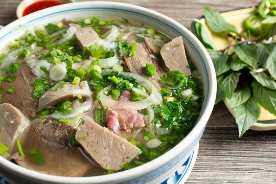 A closeup view of a bowl of pho dac biet.