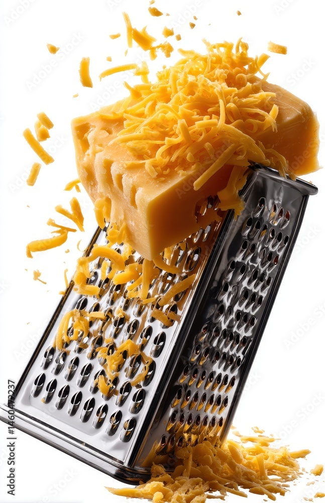 Poster grated cheese falling from grater with shredded texture and bright yellow color on isolated backgrou