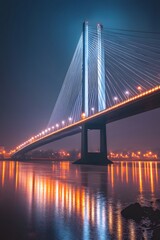 A modern steel cable bridge with dazzling lights under the night sky